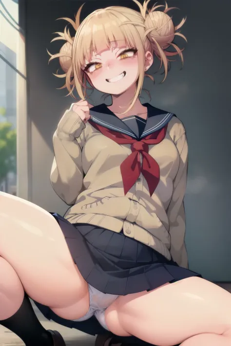 One person,toga himeko、 Young girl,Blonde, Bun Hair, bangs, Detailed face,Beautiful smile、at school、Spread your legs、White panties、