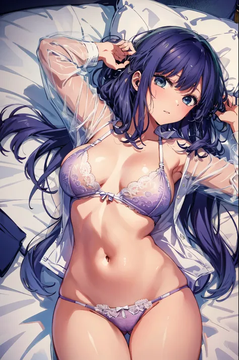 Beautiful lighting, 1 girl, Akane,  ((Anime Style))、((2D)) 、　Cowboy Shot　、Be embarrassed、　Lace Micro Underwear　、　Lying in bed　、　　Hotel　、Embarrassed、To the camera、Big Breasts、