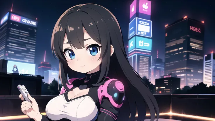 masterpiece, Highest quality, Super detailed, Anime Style, pretty girl,night,Cyberpunk city,Playing a game