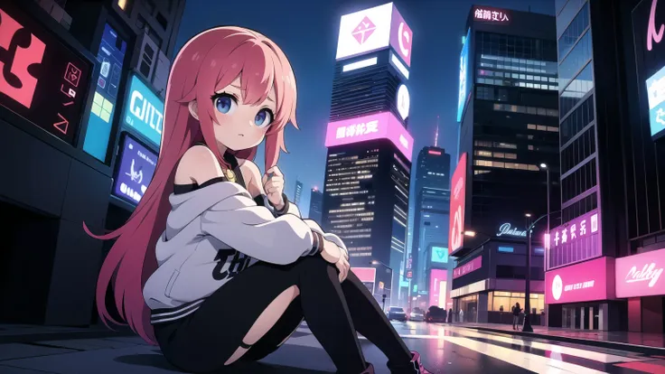 masterpiece, Highest quality, Super detailed, Anime Style, pretty girl,night,Cyberpunk city,Playing a game