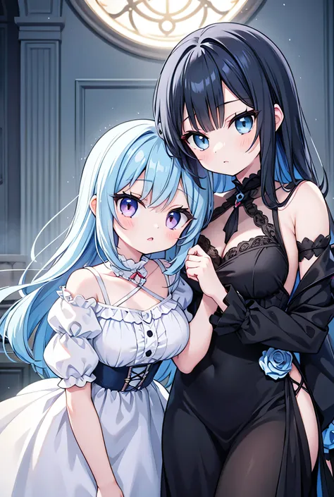 Human girl with short light blue hair, with vampire girl with long black hair