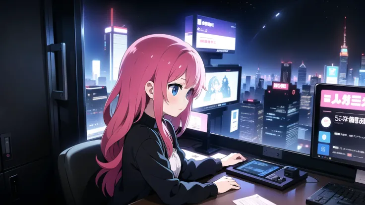 masterpiece, Highest quality, Super detailed, Anime Style, pretty girl,night,Cyberpunk city,Playing a game