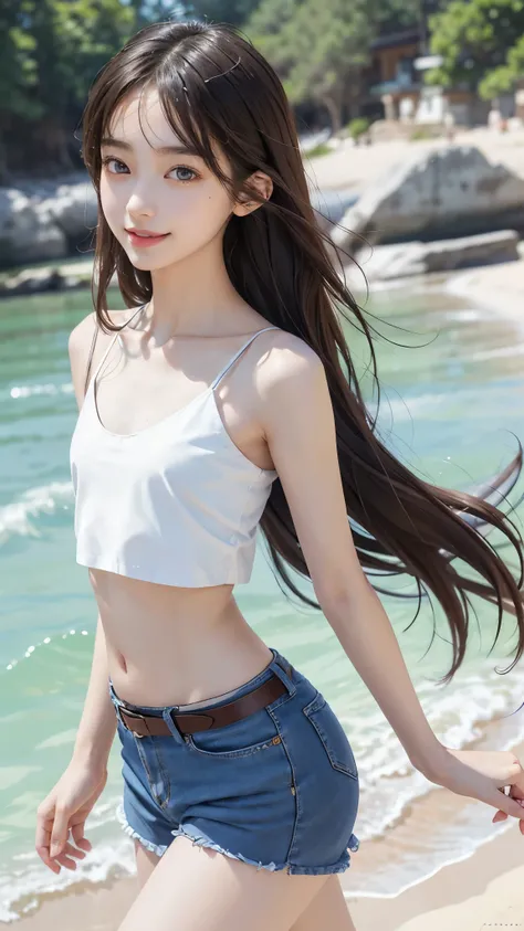 smile、Long thin legs, thin thighs、Japanese, high school girls,Beautiful sandy beach in the background、 (((flat chest))), (flat chest:1.1),Perfect Face, , two girls、Beautiful big eyes,twins, Masterpiece,Best quality,offcial art,Extremely detailed Cg Unity 8...