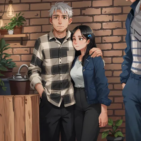 A young couple stands together indoors, in front of a brick wall and wooden cabinet. The man is wearing a blue and black plaid shirt with dark pants and has his hands in his pockets. The woman is dressed in a black jacket over a white top, paired with blac...