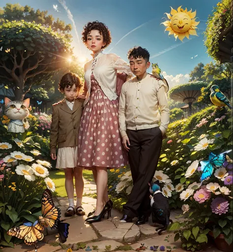 A family stands on a garden pathway surrounded by vibrant flowers and lush greenery. The woman wears a polka dot dress and a white cardigan, matching high heels, and has short, curly hair. The children, one standing to her left and the other with an arm ar...