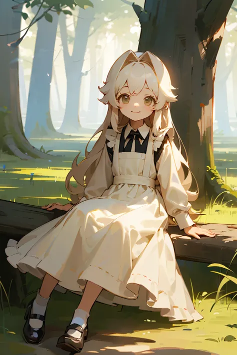 ((Highest quality)), (masterpiece)、Vanilla beige fluffy hair、Long hair, still looks like a child、 Apron dress、In the sunlit forest、Smiling girl sitting flat on the ground with fluffy hair、Droopy eyes、 hair that reaches the ground、The body is facing forward...