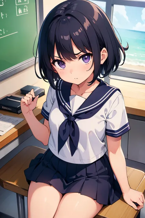 Elementary school student, , toddler, flat chest, black hair Wavy short hair Purple Eyes Angry White short-sleeved sailor uniform top Navy blue mini skirt White panties((I can see her panties)) White socks sneakers School classroom sitting on a chair tyin...