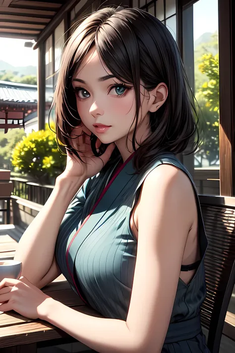 ((masterpiece)), ((best quality)), (ultra-detailed), ((kawaii)), cute, (lovely), ((extremely detailed)), 4K, (8K), best quality, (beautiful), photorealistic, upper body, early summer, Kyoto, a elegant woman, stylish cafe terrace, sipping tea, sleeveless sh...