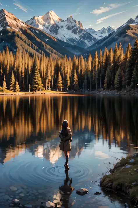 girls walk in a forest, majestic mountain, golden hour, snow-capped peaks, serene lake, clear reflection, calm water, tall pine trees, natural scenery, outdoor, soft warm light, shadows on mountains, tranquil atmosphere, wide-angle shot, deep depth of fiel...