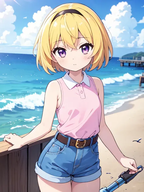 Summer pier, blue sea, Deep blue sky, White cloud, (Satoko Hojo), woman, alone, Yellow Hair, blonde, Purple eyes, short hair, hair band, Flat Chest, 11age, Collared shirt,Sleeveless shirt,(Pink Shirt), White Belt, Denim shorts, Calm waves, Seagull, fishing...