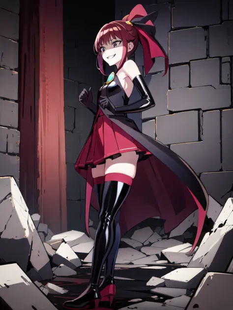Highest quality, masterpiece, One Girl,Not beautiful, Red Ponytail, Long dress, brooch, Hair Ribbon,shwy latex Black knee socks, Standwg on the rubble, , ,,Dark shadow face,Sadistic laugh,,Malice,Contempt,smile,latex,Bad face,,Red Skirt,both hands,Two leg...
