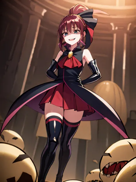 Highest quality, masterpiece, One Girl,Not beautiful, Red Ponytail, Long dress, brooch, Hair Ribbon,shwy latex Black knee socks, Standwg on the rubble, , ,,Dark shadow face,Sadistic laugh,,Malice,Contempt,smile,latex,Bad face,,Red Skirt,both hands,Two leg...