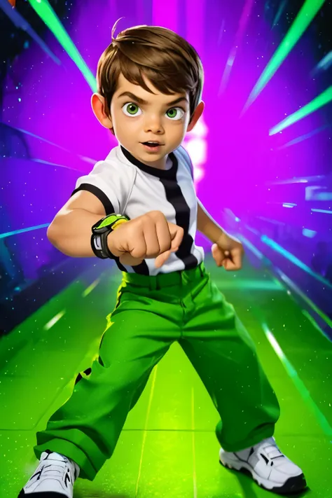 movie poster, ben 10 (((a child, 4yo ))), brown eyes, (((wearing a white outfit with black stripe in the center, green pants))) ...