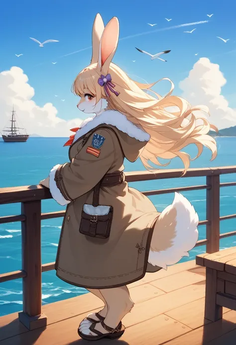 score_9, score_8_up, score_7_up, score_6_up, score_5_up, score_4_up, source_anime, source_furry, best quality, masterpiece, 1 female, (anthropomorphic Rabbit, furry, kemono), fluffy tail, fluffy coat, Side view of a woman standing on a summer pier, capture...