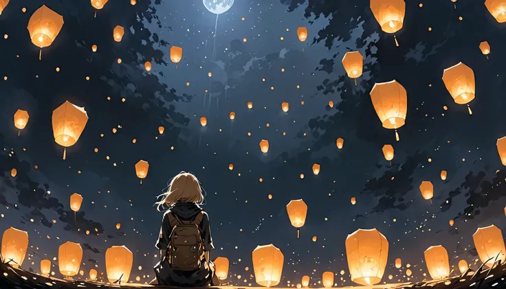 (Ashley Wood (Ashley Wood) style:1.1), 
1 girl,Spread your knees apart，Bring your feet together,?,large areas of white space,sit,At the bottom of the screen,(look up:1.5),from the side,look up,comics,，Paper lanterns making wishes in the sky