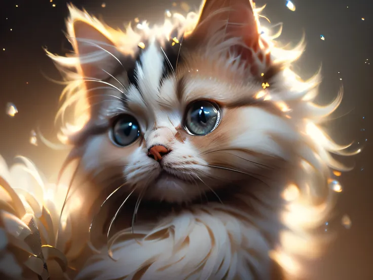 close-up photo super cute, big-eyed, with a soft, gentle nose, fluffy, smiling with two teeth, Persian cat on a natural background, realistic, beautiful, sparkles, stars in the eyes, soft volumetric light, (backlight:1.3), (cinematic:1.2), intricate detail...