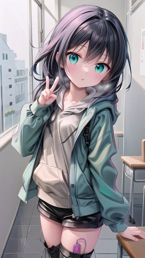 anime girl with black hair and green eyes making a peace sign, goshintai, anime girl with teal hair, anime style 4k, anime cute ...