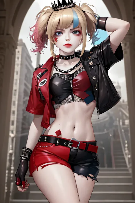 masterpiece, best quality, highres, 1girl, choker crown open jacket short sleeves shorts midriff studded belt fishnets chain gloves bracelet 