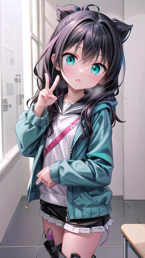 Anime Girl with black hair and green eyes making a peace sign, Goshintai, Anime Girl with teal hair, Anime style 4k, Anime cute art style, 2DAnime style, Best Anime 4K Konachan Wallpapers, Anime Characters, Anime atmosphere, an Anime Girl, Anime style, Nig...