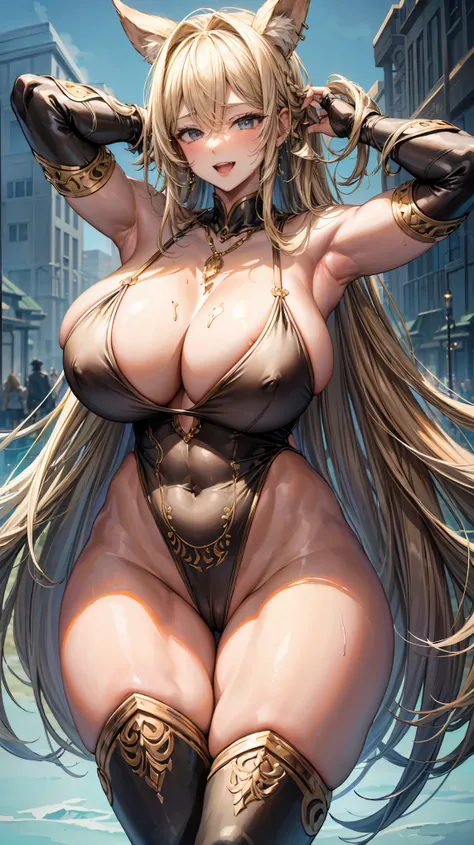 Very detailed、Highest quality、A masterpiece、8k、Blonde Long Hair、Open mouth smiling、Large Breasts、Cowboy Shot、Wearing high leg thong、(SFW Giant Body:1.3)、necklace、highleg