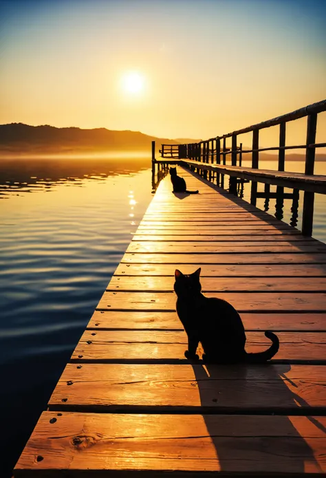 peaceful wooden pier、two black cats、high detail、real、photorealistic、photorealistic:1.37、highest quality、8k、high resolution、maste...