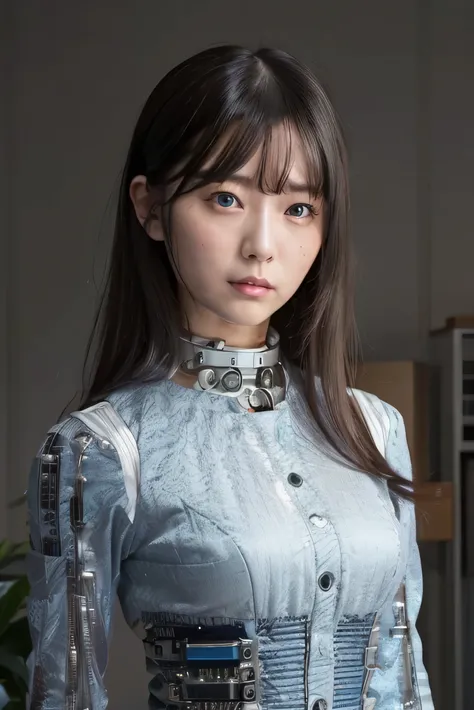 masterpiece, best quality, extremely detailed, Japaese android girl,Plump , control panels,android,Droid,Mechanical Hand, Robot arms and legs, Black hair,Blunt bangs,perfect robot girl,long tube,thick cable connected her neck,android,robot,humanoid,cyborg,...