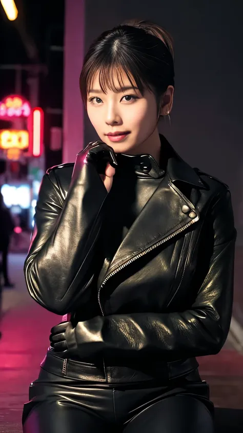 black leather rider jacket, Office in the Dark, Black leather gloved fingertips on both hands,Wearing black leather gloves,Sitting in a black leather chair、 Japanese female new recruits (Black leather gloves cover both hands) (The angle is horizontal)、Blac...