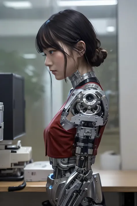 masterpiece, best quality, extremely detailed, Japaese android girl,Plump , control panels,android,Droid,Mechanical Hand, Robot arms and legs, Black hair,Blunt bangs,perfect robot girl,long tube,thick cable connected her neck,android,robot,humanoid,cyborg,...