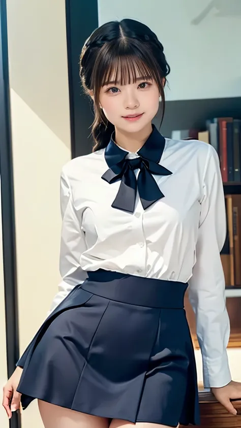 1 girl、A beautiful girl with braided black hair is looking at me.、Laugh a little、Idol-level cuteness、Baby Face、Lift your skirt、Show me your panties、thin、small, Shapely breasts、Healthy Thighs、Navy Blue Blazer、White high-necked inner、Navy blue mini skirt、Whi...