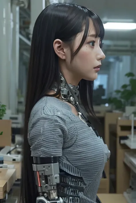 masterpiece, best quality, extremely detailed, Japaese android girl,Plump , control panels,android,Droid,Mechanical Hand, Robot arms and legs, Black hair,Blunt bangs,perfect robot girl,long tube,thick cable connected her neck,android,robot,humanoid,cyborg,...