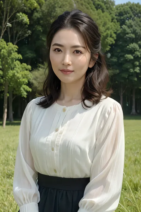 (In 8K, Highest quality, masterpiece:1.2), (Realistic, Photorealistic:1.37), Ultra-detailed, Natural light, , 1 person, 4 woman, grassland、Black Hair,Less exposure, Highly detailed face and skin, Detailed eyes, Highly detailed face and skin、Take a full-bod...