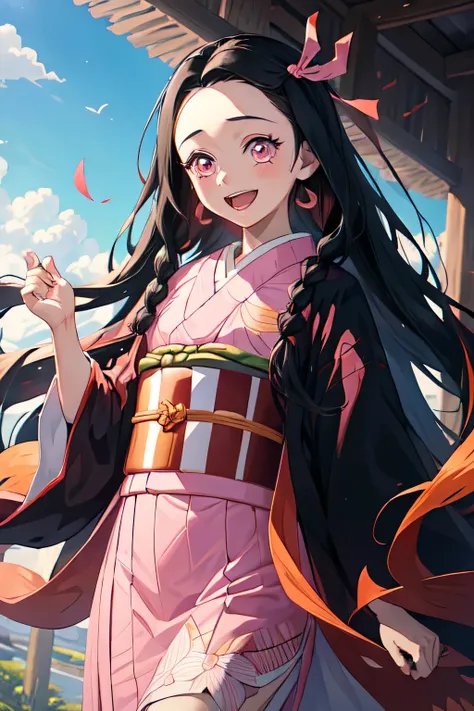 (((masterpiece))), nezuko, 1girl, black hair, forehead, hair ribbon, japanese clothes, kimono, long hair, multicolored hair, ope...