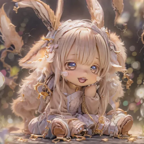 One girl, in the garden, smile, Similar to Nanachi from Made in Abyss, Beautiful attention to detail, Beautiful lip detail, Chibi Style, Highest quality, 4K, 8k, High resolution, masterpiece:1.2, Very detailed, Realistic, photoRealistic, photo-Realistic:1....