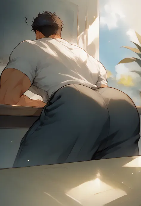 bara, male focus, muscular male, confused expression, tanned, huge ass, bending down, bending under desk,thongs， sunlight, pouti...