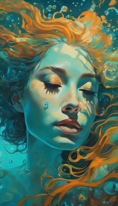 A dreamlike underwater scene of a persons face and upper shoulders. The person has a relaxed expression and their eyes are closed. face to viewer . The skin is painted in turquoise with orange and yellow light reflections. The hair is dark and wavy, with a...