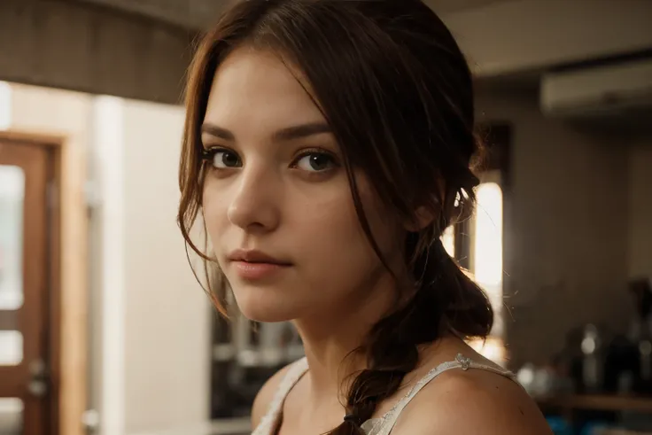 photo of 18 y.o woman, perfect eyes, short red hair, braid, looks at viewer, cinematic shot, hard shadows