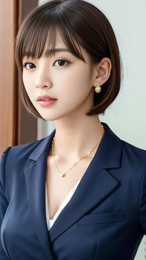 RAW Photos, High resolution, Very detailed, Intricate details, 、ear piercing、、short hair、Black Hair、Clear beauty、 Office Lady Suits 、Necklace around the neck、, The background is the office
