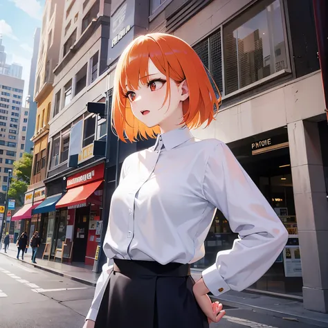 side angle,(looking away:1.5),Upper Body, hands on hips、
Realistic, real person, (pale skin: 1.2), RAW photo, photorealistic, portrait photography, shiny skin, shiny hair、(A 2 woman with bob hair and bangs) and (orange hair) and (orange eyes) ,
Black colla...