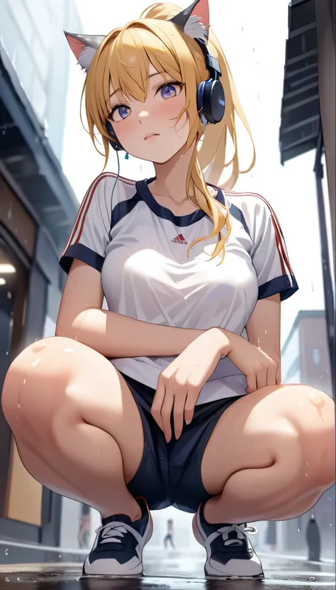 Beautiful girl Squatting in street, High resolution, Ponytail, chest, Blushing, Blonde, Cat ear, Blurred, earphone, Wet Gym uniform, (full body shot:1.2), (From below:1.3), rainy day,