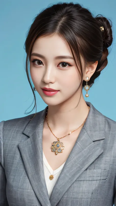 RAW Photos, High resolution, Very detailed, Intricate details, 、ear piercing、Hairstyle bun、Black Hair、Clear beauty、 Office Lady Suits 、Necklace around the neck、, The background is the office
