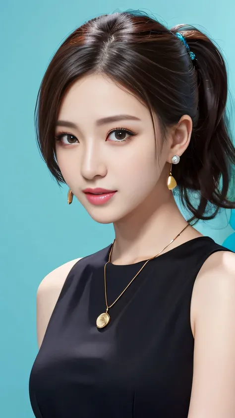 RAW Photos, High resolution, Very detailed, Intricate details, 、ear piercing、、Hairstyle Ponytail、Black Hair、Clear beauty、 Office Lady Suits 、Necklace around the neck、, The background is the office
