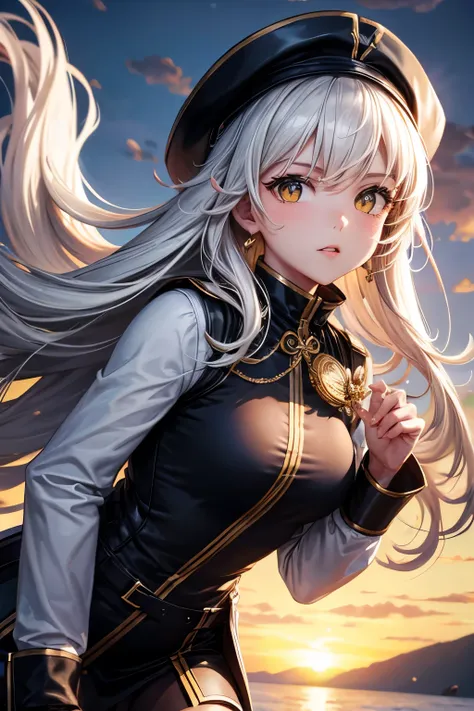 Mid-shot, Mid-shot, Depth of Field, BREAK, Upper Body, Cinematic angle, masterpiece, best quality, Super detailed, CG, 8k wallpaper, Nice face, exquisite eyes, A country, alone, long white hair, Yellow eyes, hairpin, White shirt, black hooded jacket, black...