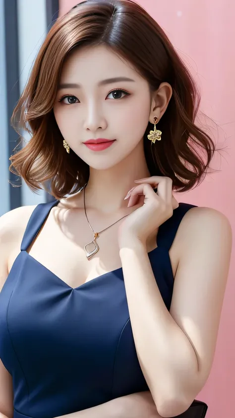 RAW Photos, High resolution, Very detailed, Intricate details, 、ear piercing、、short hair、Wavy Hair、Black Hair、Clear beauty、 Office Lady Suits 、Necklace around the neck、, The background is the office
