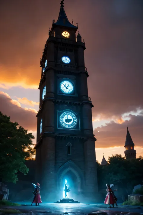 Sapporo Clock Tower reimagined in a Dragon Quest fantasy world. The iconic clock tower stands tall, transformed into a mystical fortress with glowing runes carved into its stone walls. Surrounding the tower are cobblestone streets lined with fantasy-style ...