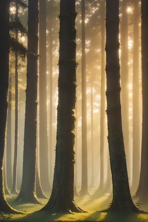 create an awe-inspiring digital artwork that captures the serene beauty of an ancient forest at twilight. the scene should featu...