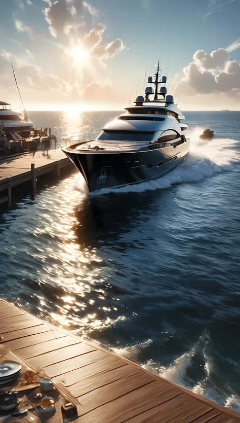 a luxury yacht docked on a pier, summer sun, scorching sunlight, glistening sea surface reflecting the light, white waves creati...