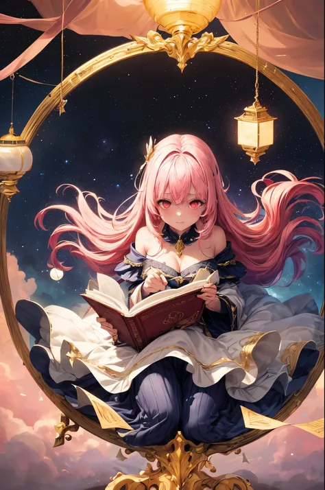 （（Pretty witch costume:2)),((Highest quality)), ((masterpiece)), (detailed), ((Shiny and glittering fantasy ornaments)),(Pink hair color:1.5)、(Baby Face),(Embarrassed),(Baby Face)(Red eyes:1.3),(Sparkling eyes:1.3),One girl, (Large Breasts:0.8)"Create a fa...