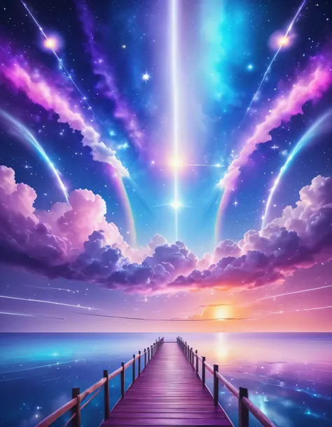 fantasy pier under the stars、a pier made of sky and rainbows in space、seven-colored pier、dramatic skyscape、detailed stars and ga...