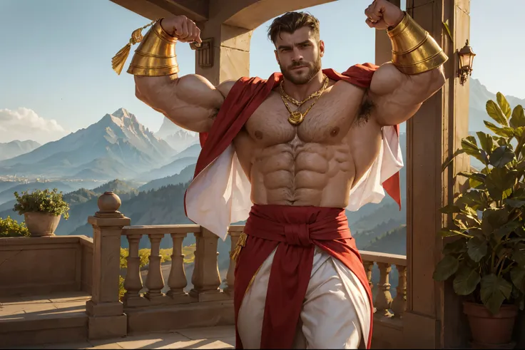 -Character: 1 character, character alone, elegant man, divine looking man, attractive face, barba, Golden hair, short hair, stylish haircut, olive crown on the head, Titan, titanic man, muscular, thick muscle, bulging arms, bulging legs, body hair, bare ch...