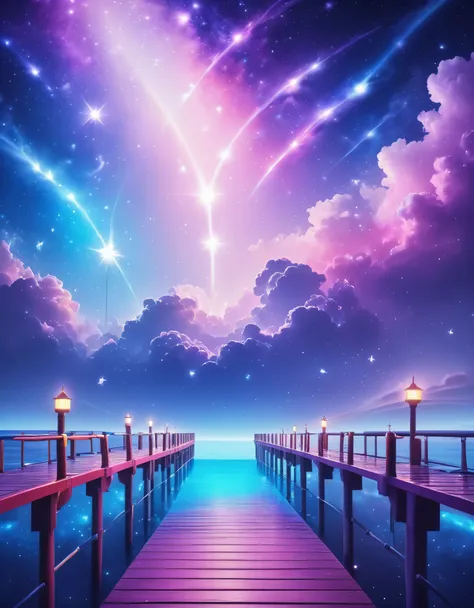 fantasy pier under the stars、a pier made of sky and rainbows in space、seven-colored pier、dramatic skyscape、detailed stars and ga...